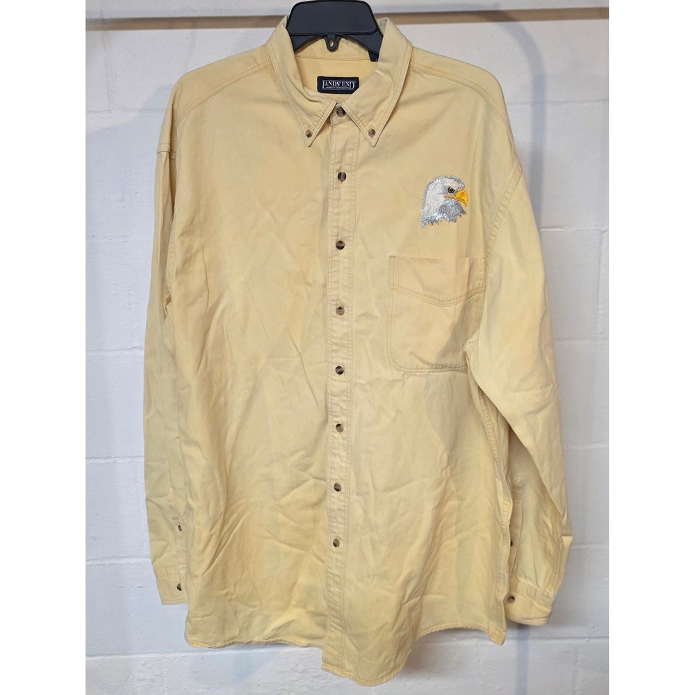 Vintage Lands End Mens Yellow Long Sleeve Button Down Eagle Embroidery Americana